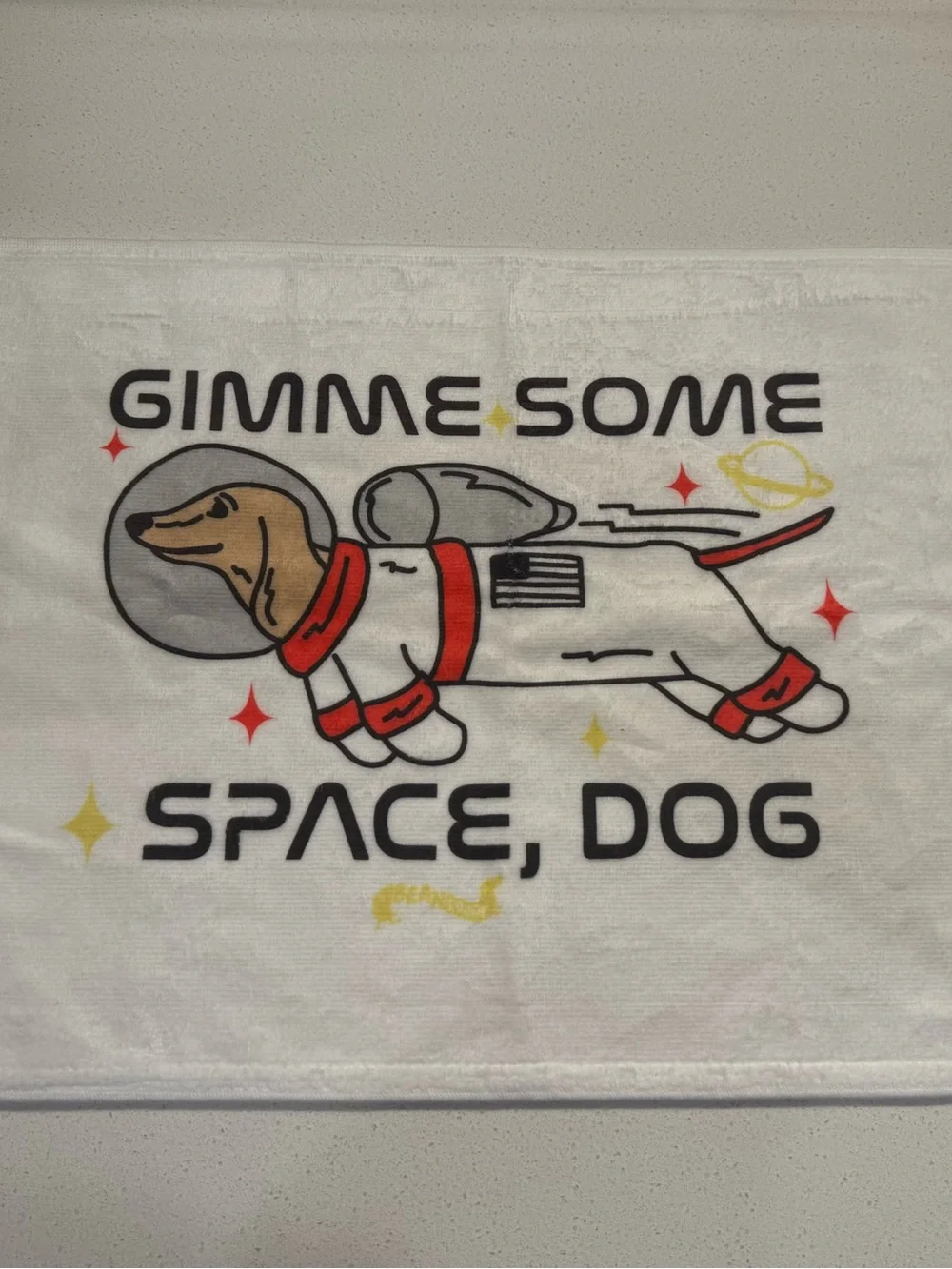 Gimme Some Space Dog Hand Towel - White with Red & Yellow Print
